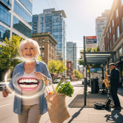 A vibrant image of an energetic elderly woman with a healthy smile walking down Broadway in Vancouver.