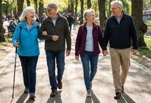 group of elders walking and unwinding in the park