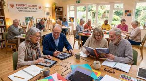 Older adults attending a creative learning workshop, seniors using tablets and reading books together