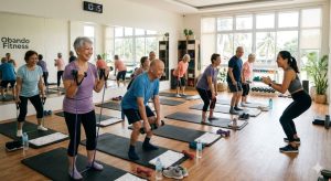 Active senior adults participating in a light strength training class