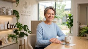 A confident middle-aged woman with naturally glowing skin in a bright wellness-inspired setting
