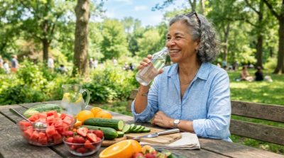 A cheerful older adult drinking water outdoors on a sunny summer day, surrounded by fresh watermelon, cucumbers, oranges, and strawberries on a picnic table