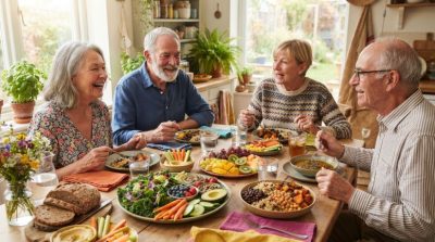 A vibrant kitchen table filled with colorful plant-based meals, including leafy greens, berries, carrots, beans, whole grains, and fresh fruits, older adults enjoying a healthy lunch together