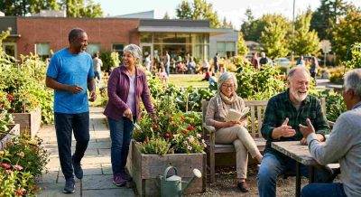 Positive realistic portrait of diverse older adults walking, gardening, reading, and socializing in a bright community setting.